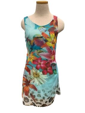 Smash Floral Tropical Print Sleeveless Dress - Turquoise Multicolor Size M